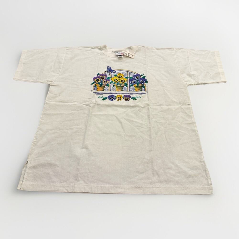 Vintage 90s Morning Sun Mens White Flower Pots Short Sleeve T-Shirt Size XL NWT